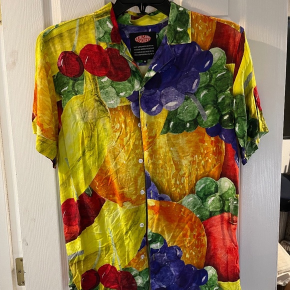 Petals and Peacocks Treat Yourself Vacation Camp Shirt Fruit Button Down - Picture 1 of 2